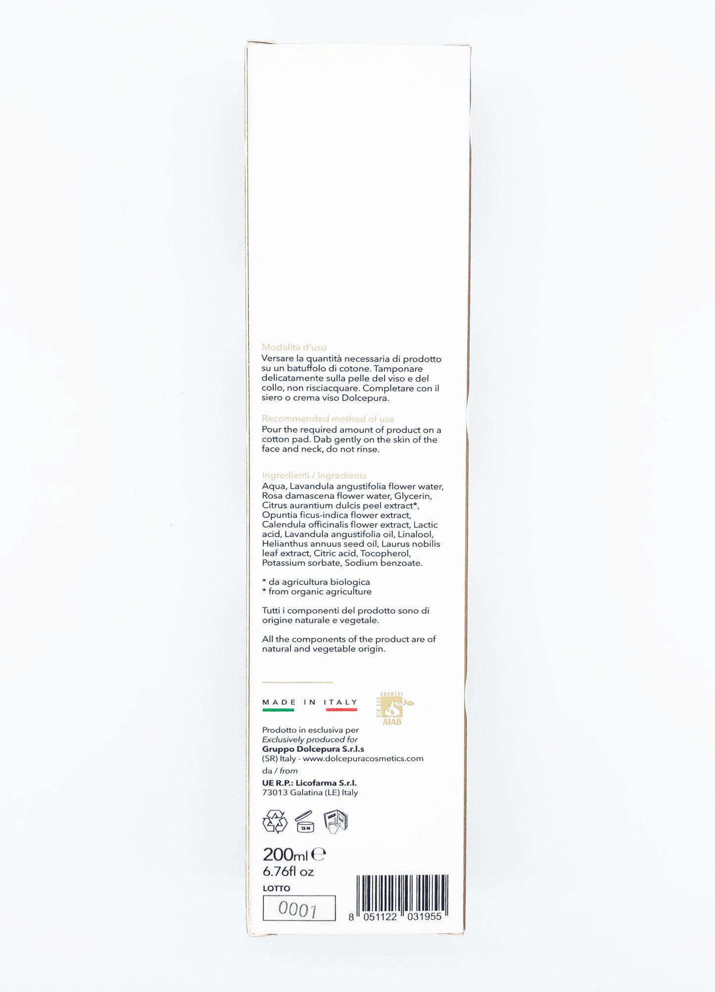 Tónico FACE "LIGHT" para el cuidado de la piel Pure sweet: limpieza e hidratación con extracto de opuntia y licopeno. Orgánica y herbal.