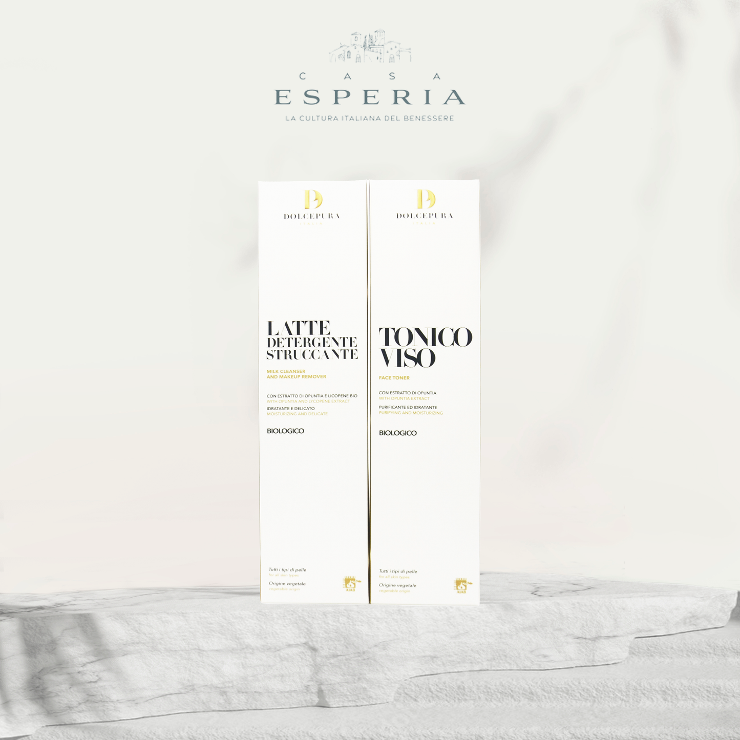 Set DolcePura "DETERGENZA" pour le VISAGE (lait démaquillant et tonique) à l'extrait d'opuntia et de lycopène, bio et breveté. Produits artisanaux fabriqués en Italie. Végétal, tous types de peaux