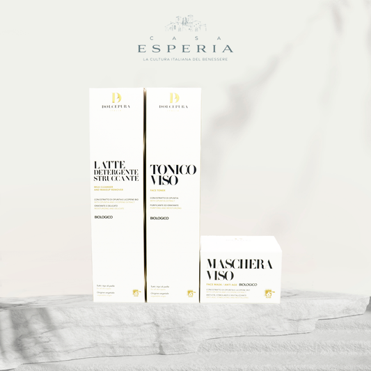 Italian cosmetic set "MERAVIGLIA" for the FACE (cleansing milk, tonic and mask) opuntia and certified organic lycopene of small production. Made in Italy. Vegetable origin, all skin types