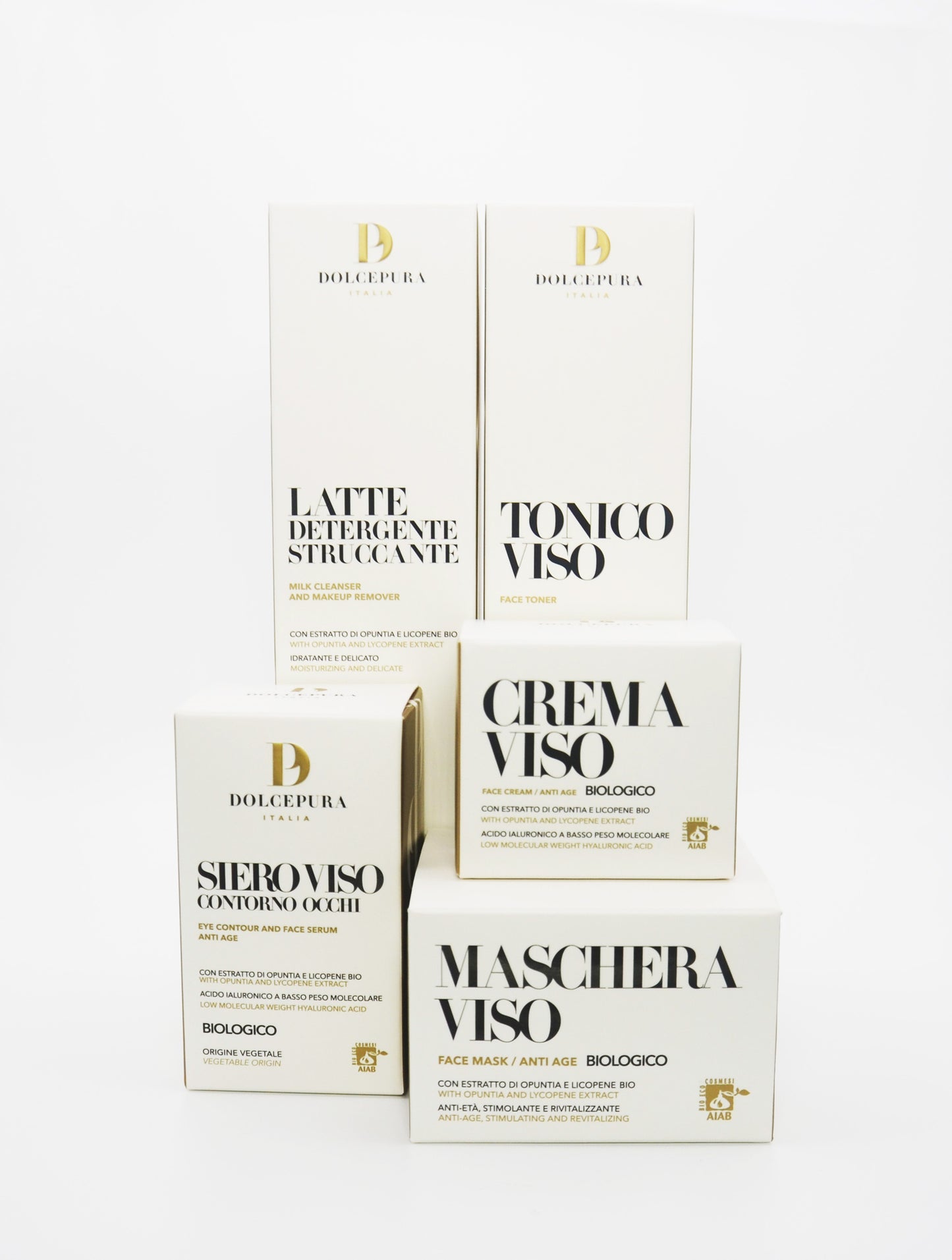 CARA, OJOS, MANOS "COMPLETA" set (leche limpiadora, tónico, suero, crema, máscara) certificada opuntia orgánica italiana y licopeno, aceites preciosos