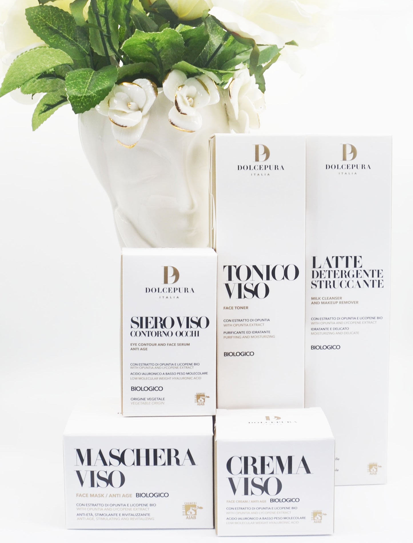 CARA, OJOS, MANOS "COMPLETA" set (leche limpiadora, tónico, suero, crema, máscara) certificada opuntia orgánica italiana y licopeno, aceites preciosos