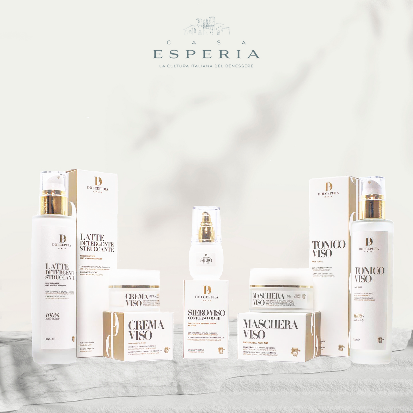 CARA, OJOS, MANOS "COMPLETA" set (leche limpiadora, tónico, suero, crema, máscara) certificada opuntia orgánica italiana y licopeno, aceites preciosos